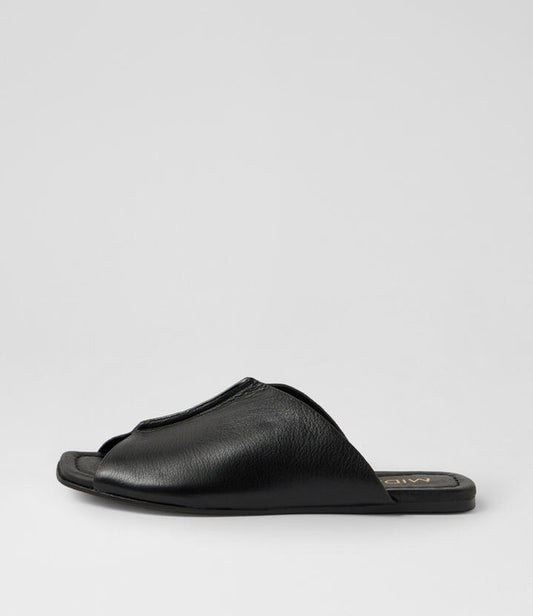 Image of Slippers. Product name - Pharel Black Leather Slides in Black colour by brand - MIDAS