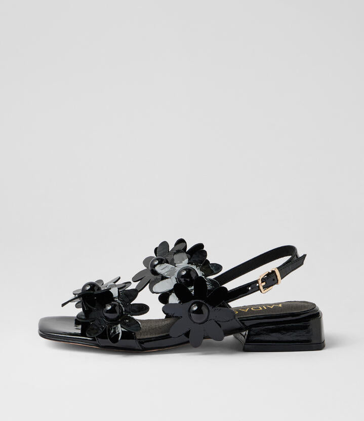 Image of Sandals. Product name - Primas Black Patent Leather Sandals in Black colour by brand - MIDAS