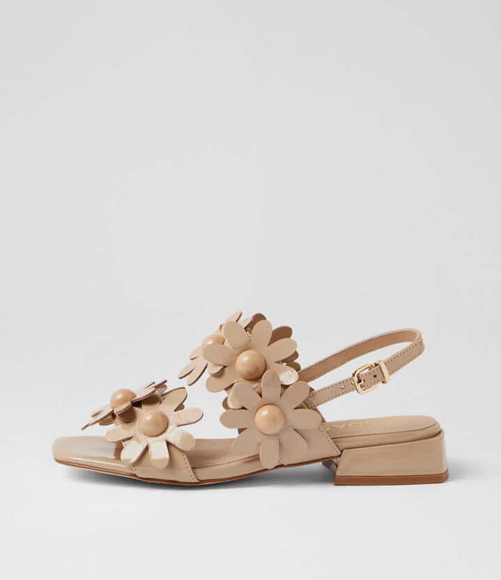 Image of Sandals. Product name - Primas Cafe Patent Leather Sandals in Cafe colour by brand - MIDAS