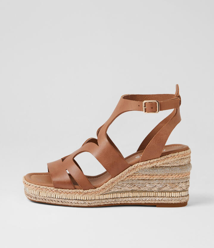 Image of Heels. Product name - Olee Tan Leather Platform Wedge Sandals in Tan colour by brand - MIDAS