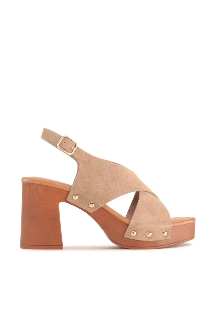 Image of Shoes. Product name - Annabella Taupe Suede Cross Over Mid Heel in Natural colour by brand - Los Cabos