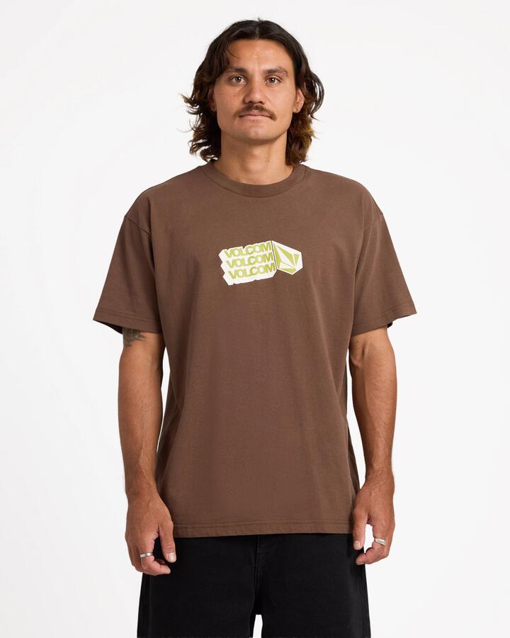 Image of a model wearing Tops. Product name - Volcom Mens Threpeat Long Sleeve T-Shirt Brown Stone in Brown Stone colour by brand - Volcom