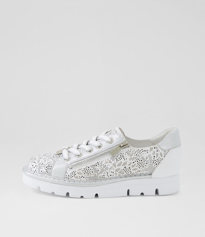 Image of Sneakers. Product name - Elicio White Silver Wash Leather Lace Up Sneakers in White-White&Silver Wash colour by brand - MIDAS