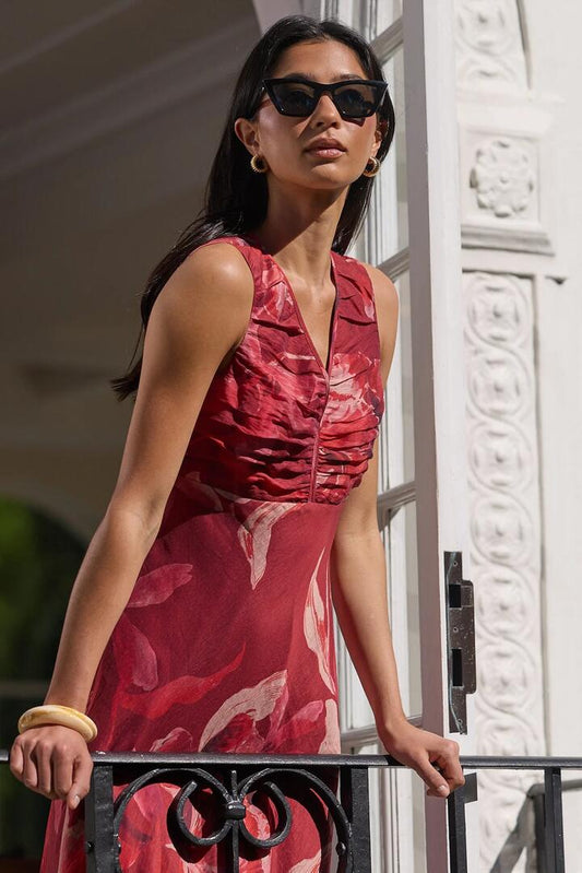 Image of Dresses. Product name - Tuck Large Red Peony Sleeveless Pleat Front Maxi Dress in Large Red Peony colour by brand - Ivy + Jack