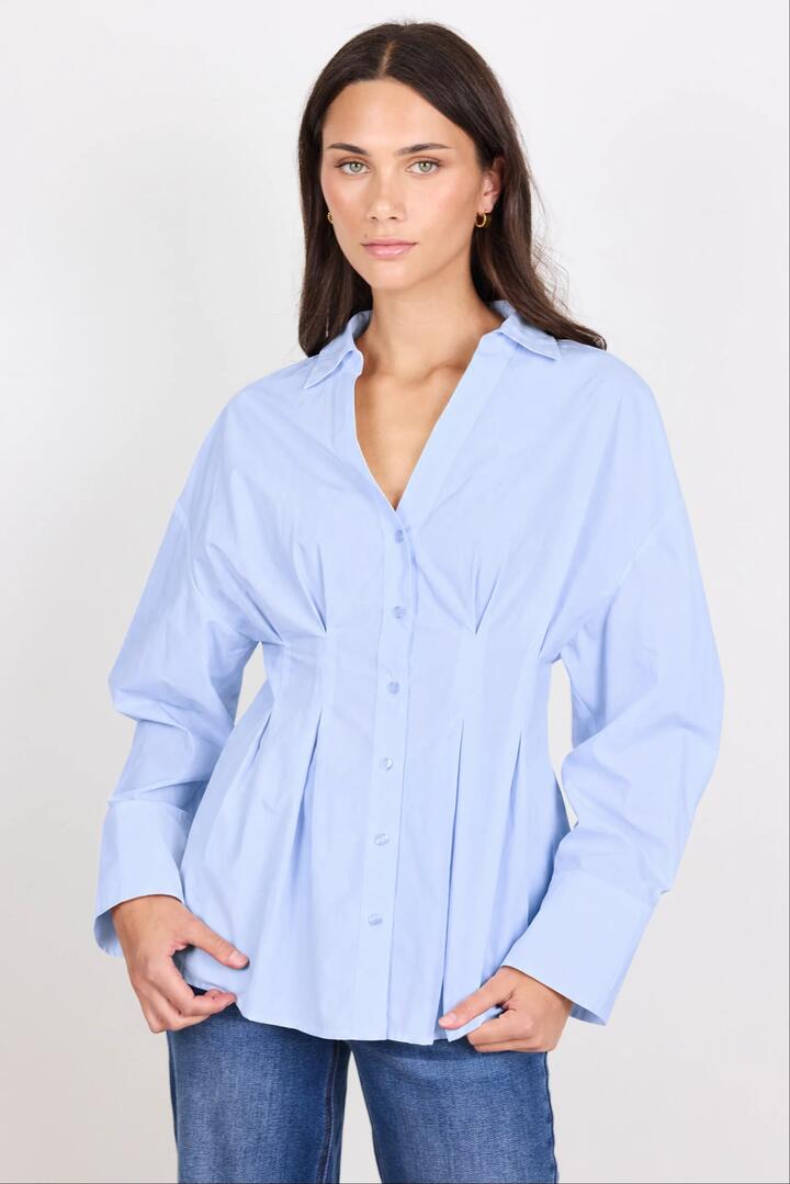 Image of Shirts. Product name - Timekeeper Ice Blue Cotton Poplin Corset Detail Waist Shirt in Ice Blue colour by brand - Stories be Told