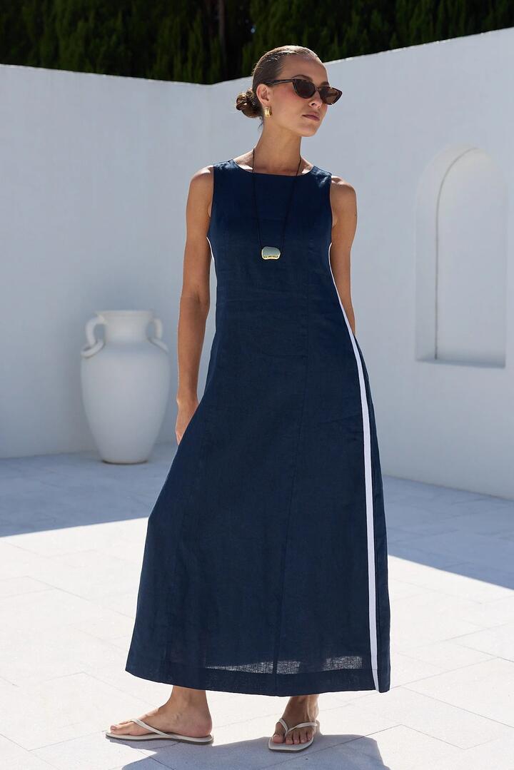 Image of Dresses. Product name - Future Ink Linen Sleeveless Midi Dress in Ink Linen colour by brand - Stories be Told