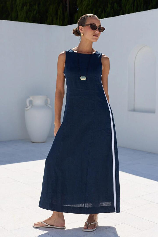 Image of Dresses. Product name - Future Ink Linen Sleeveless Midi Dress in Ink Linen colour by brand - Stories be Told