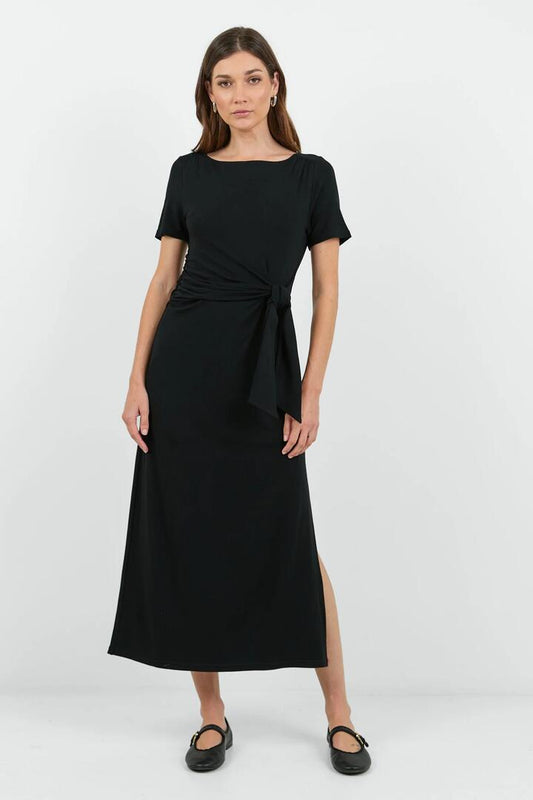 Image of Dresses. Product name - Vortex Black Short Sleeve Waist Tie Knit Tee Shirt Dress in Black colour by brand - Among the Brave