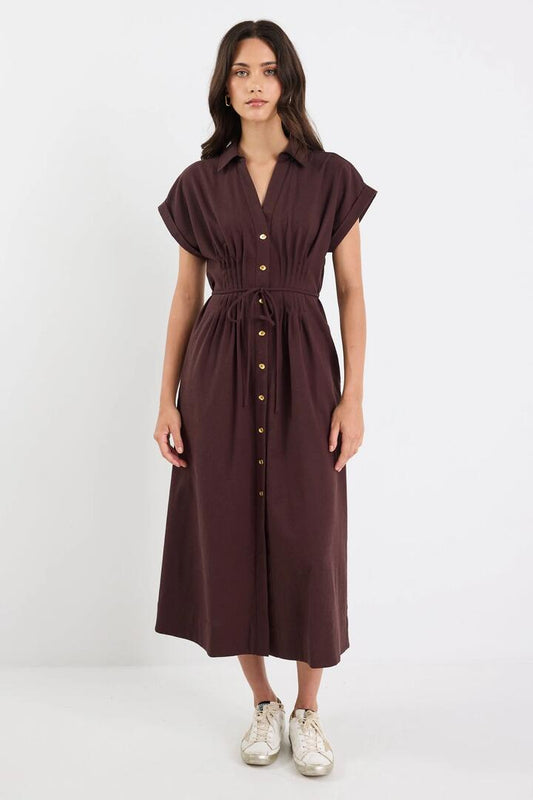 Image of Dresses. Product name - Carriage Chocolate Sleeveless Pintuck Midi Shirt Dress in Chocolate colour by brand - Stories be Told