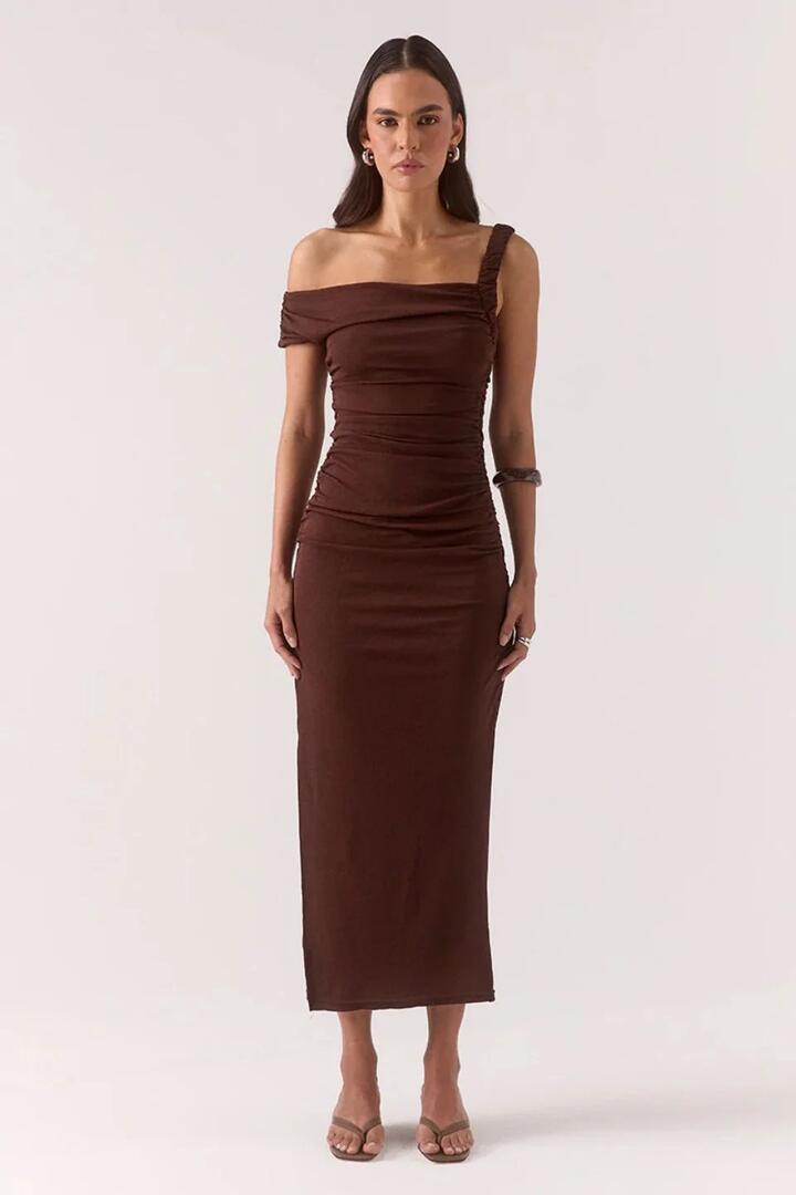 Image of Dresses. Product name - Rua Ganache Asymmetric Off Shoulder Maxi Dress in Brown colour by brand - Sovere