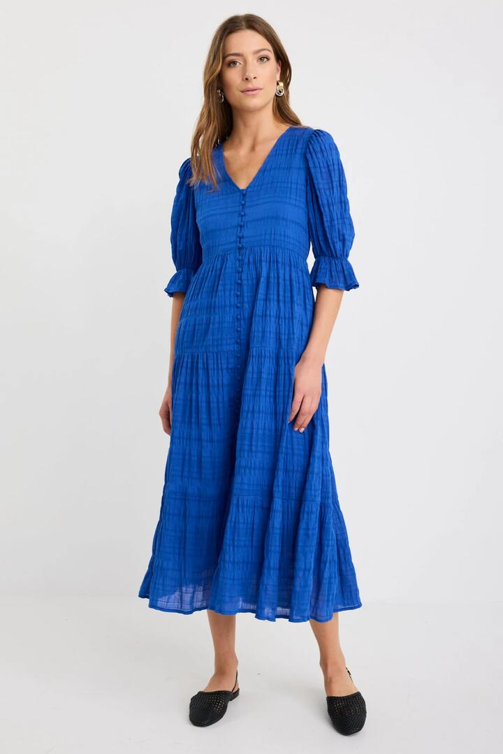 Image of Dresses. Product name - Dreamy Azure Bubble SS Button Front Tiered Maxi Dress in Azure colour by brand - Ivy + Jack