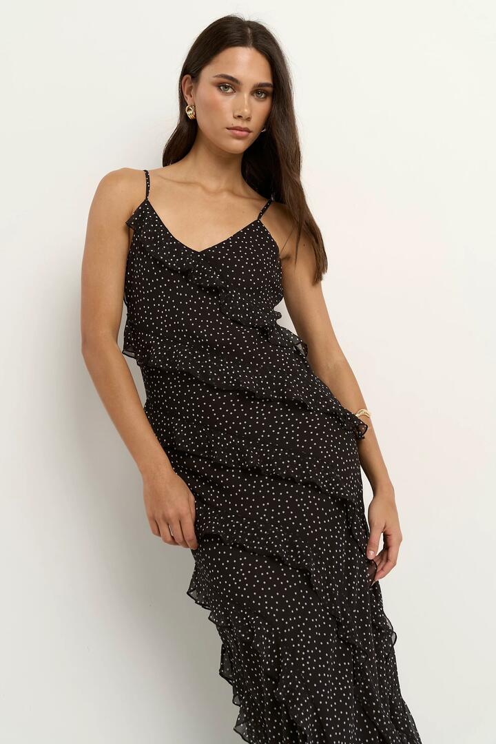 Image of Dresses. Product name - Galore Black Polka Dot Bias Ruffle Slip Maxi Dress in Black Polka Dot colour by brand - Georgia Zoe