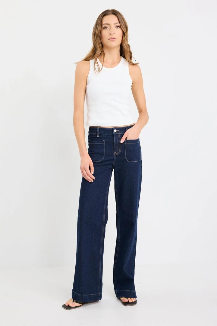 Image of Jeans. Product name - Zoey Indigo Tall High Rise Wide Leg Pocket Jean in Indigo colour by brand - Among the Brave