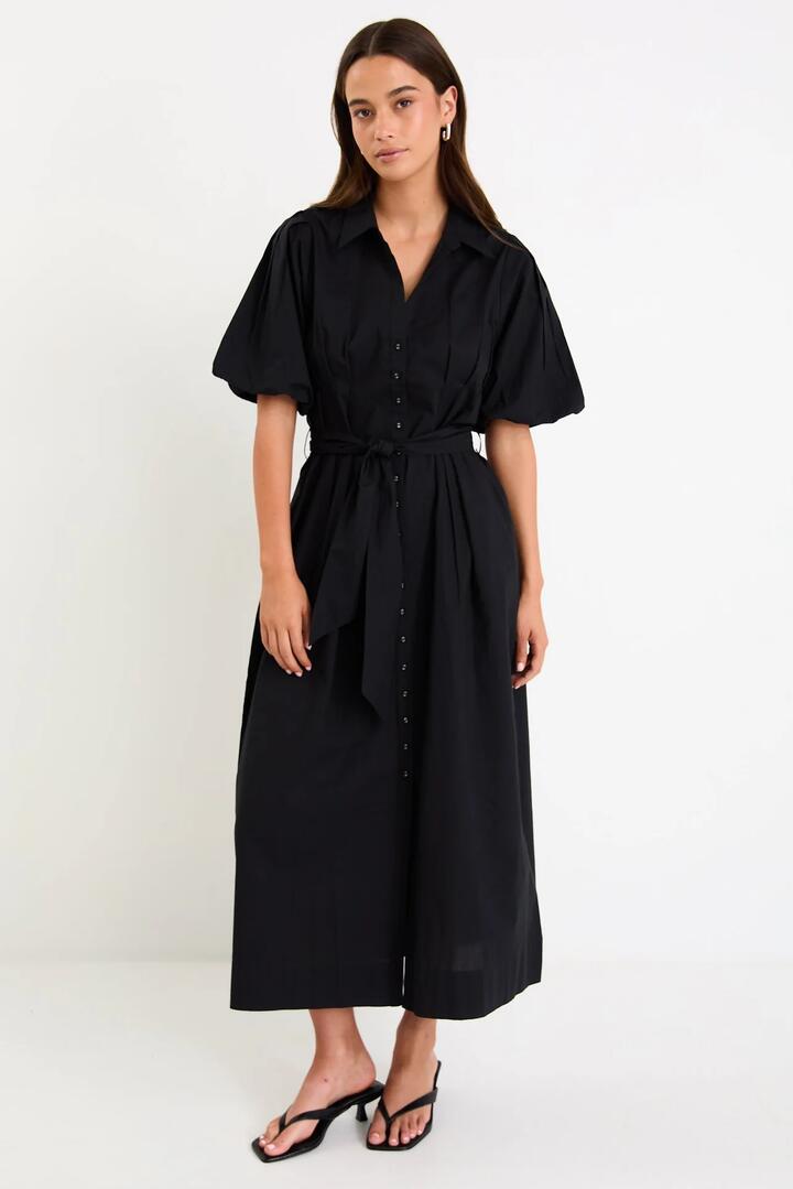 Image of Dresses. Product name - Dusk Black Puff Short Sleeve Collared Maxi Dress in Black colour by brand - Among the Brave