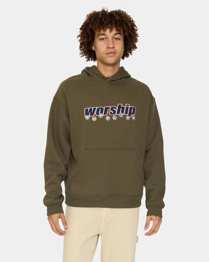 Image of a model wearing Outerwear. Product name - Worship Mens Line Stepper Pullover Hoodie Grape Leaf in Grape Leaf colour by brand - Worship