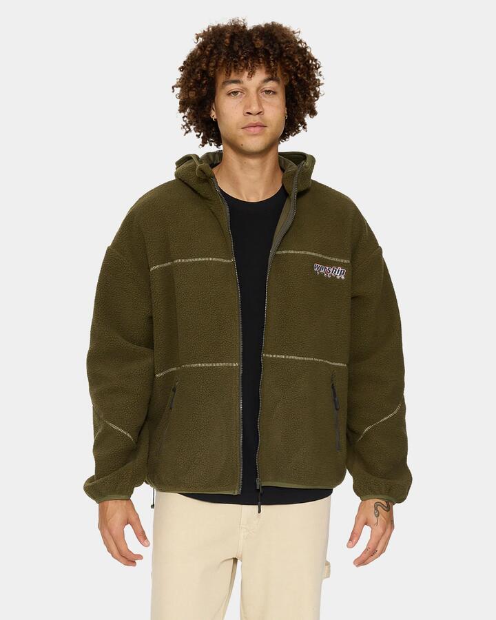 Image of a model wearing Outerwear. Product name - Worship Mens Line Stepper Hooded Sherpa Fleece Jacket Grape Leaf in Grape Leaf colour by brand - Worship