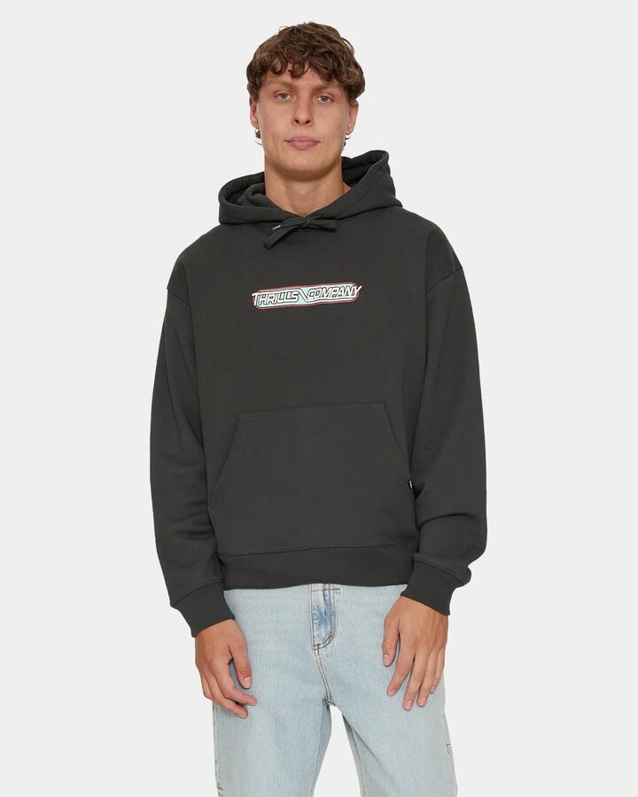 Image of a model wearing Outerwear. Product name - Thrills Mens Servicing South Of Paradise Slouch Pullover Hoodie Carbon in Carbon colour by brand - Thrills