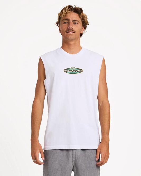 Image of a model wearing Tops. Product name - Billabong Mens Stringer Muscle White in White colour by brand - Billabong
