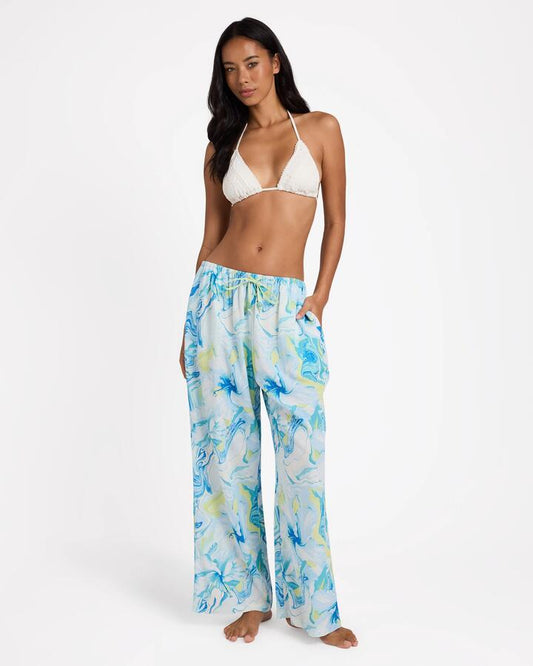 Image of a model wearing Pants. Product name - Billabong Womens Island Calling Pants Cool Blue in Cool Blue colour by brand - Billabong