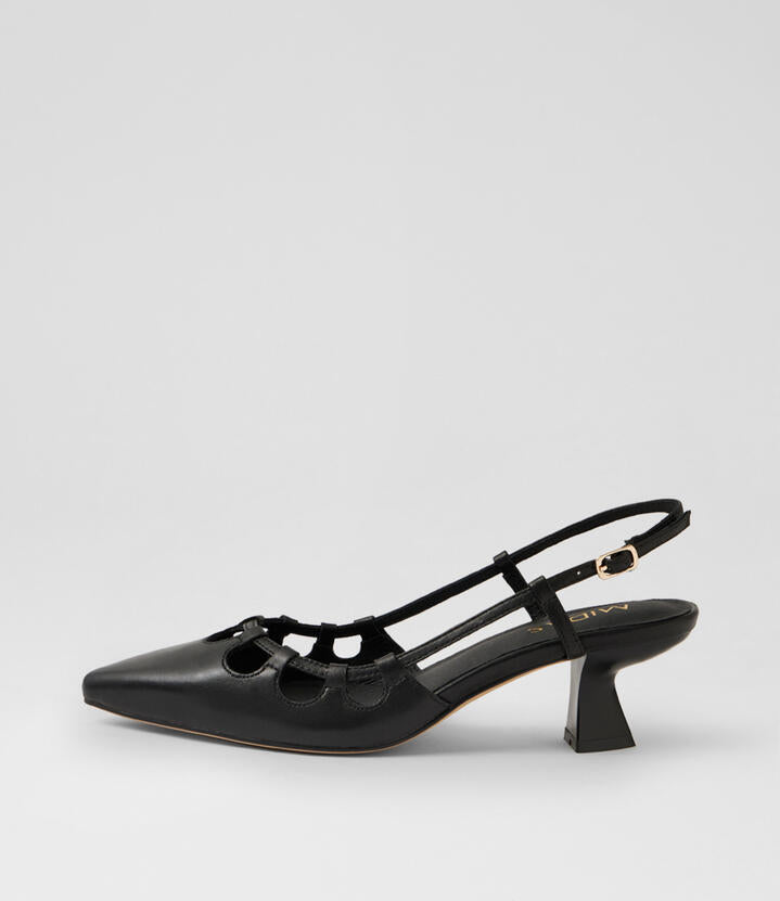 Image of Heels. Product name - Licorice Black Leather Heels in Black colour by brand - MIDAS