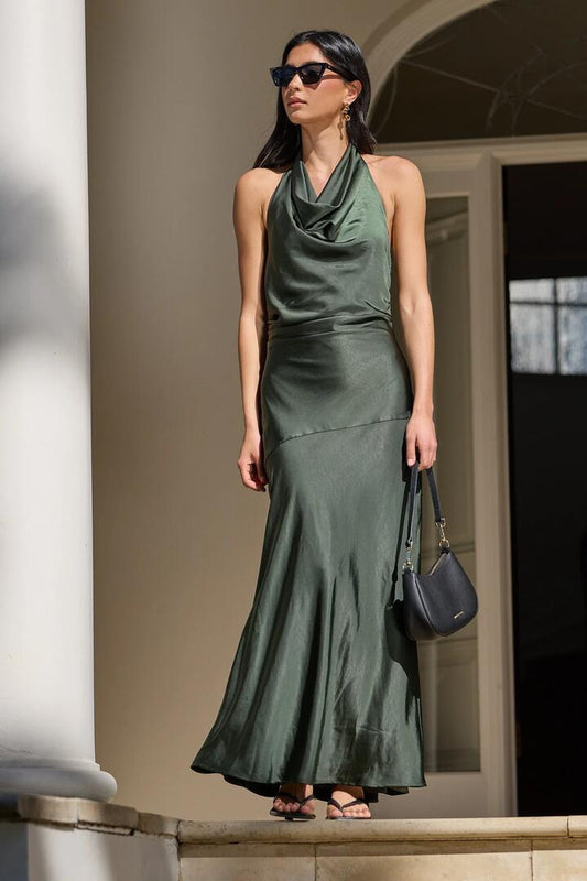 Image of Dresses. Product name - Brio Forest Satin Halter Neck Maxi Dress in Forest Satin colour by brand - Georgia Zoe