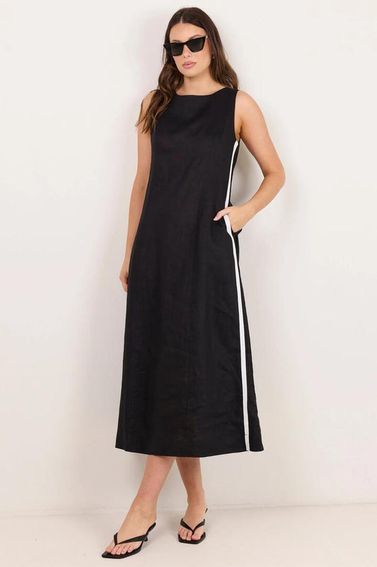 Image of Dresses. Product name - Future Black Linen Sleeveless Midi Dress in Black colour by brand - Stories be Told