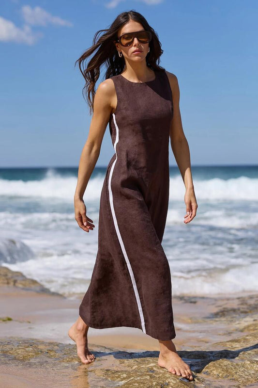 Image of Dresses. Product name - Future Dark Chocolate Linen Sleeveless Midi Dress in Dark Chocolate colour by brand - Stories be Told