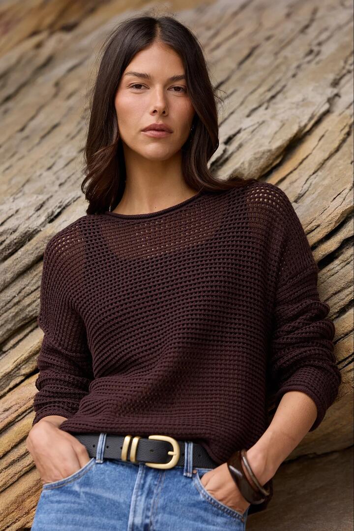 Image of a model wearing Outerwear. Product name - Dawn Dark Chocolate Crochet Knit Jumper in Dark Chocolate colour by brand - RE:UNION Label