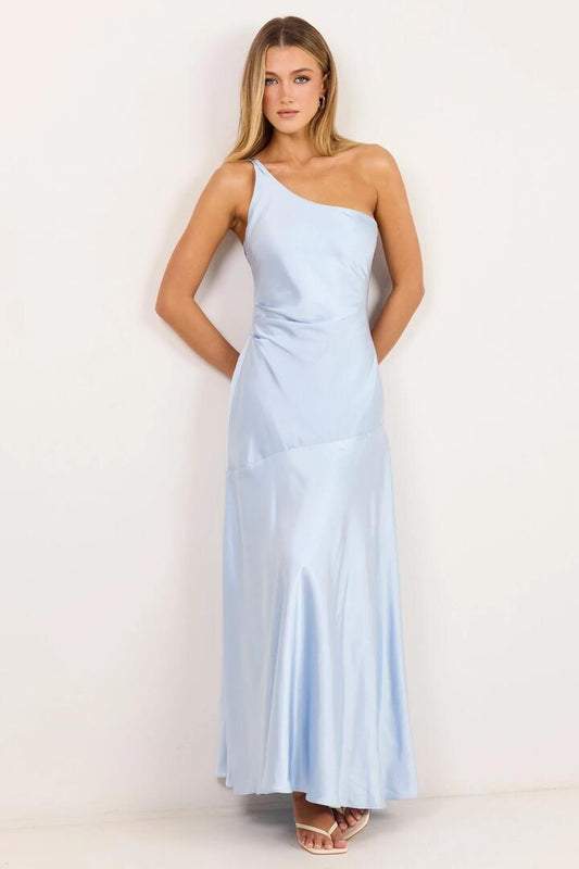 Image of Dresses. Product name - Prolific Ice Blue Satin One Shoulder Bias Slip Maxi Dress in Ice Blue Satin colour by brand - Georgia Zoe