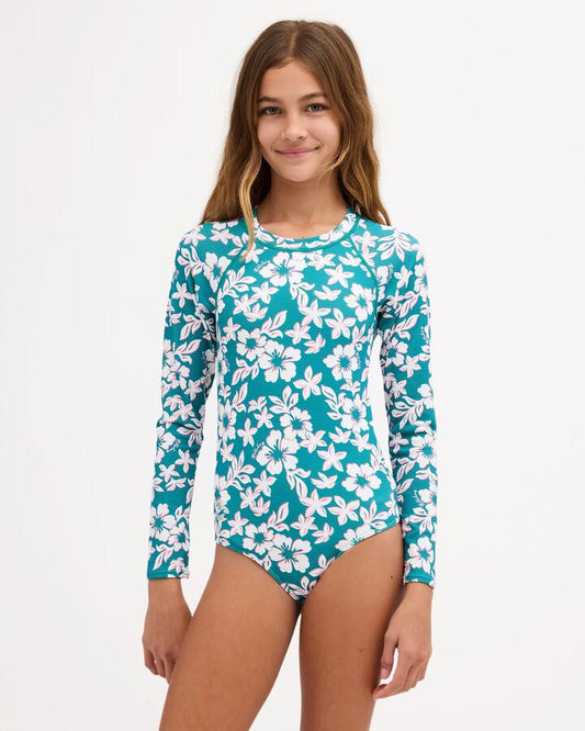 Image of a model wearing Tops. Product name - Billabong Girls 8-16 Coconut Rush Long Sleeve Rashguard Evergreen in Evergreen colour by brand - Billabong