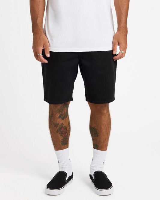 Image of a model wearing Shorts. Product name - Volcom Mens Solver Denim Shorts Black Out in Black Out colour by brand - Volcom