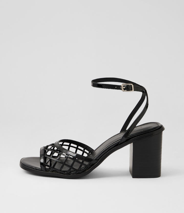 Image of Sandals. Product name - Naede Black Patent Leather Sandals in Black-Black Heel colour by brand - MOLLINI