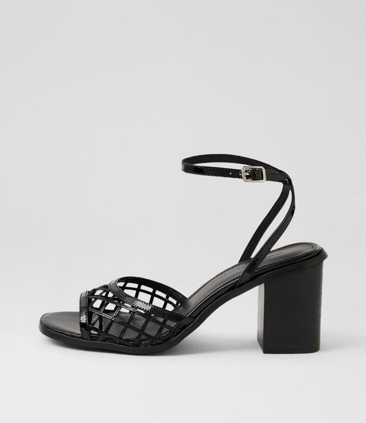 Image of Sandals. Product name - Naede Black Patent Leather Sandals in Black-Black Heel colour by brand - MOLLINI