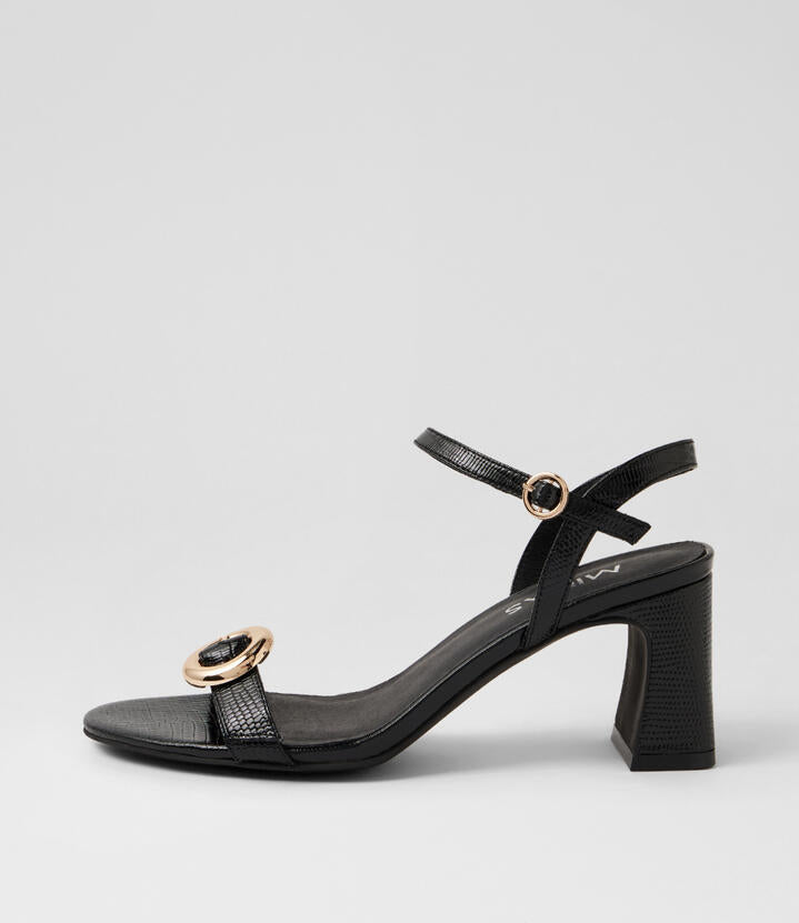 Image of Sandals. Product name - Beth Black Lizard Leather Sandals in Black Lizard colour by brand - MIDAS