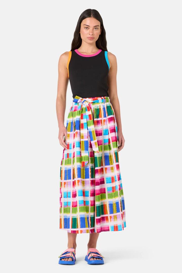 Image of a model wearing Skirts. Product name - Paintbox Check Skort in Check colour by brand - Gorman