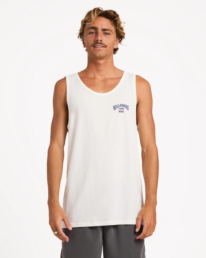 Image of a model wearing Tops. Product name - Billabong Mens Heritage Arch Tank Off White in Off White colour by brand - Billabong