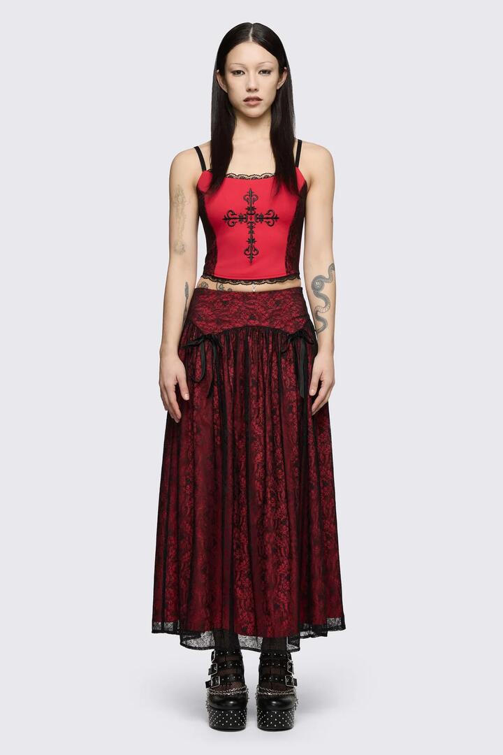 Image of a model wearing Skirts. Product name - Sunday Lace Skirt in Black Red colour by brand - Black Friday