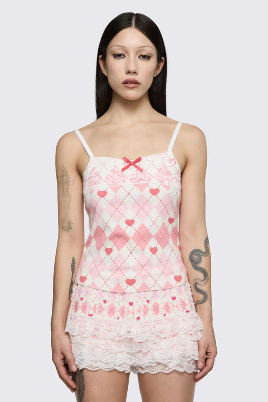 Image of a model wearing Tops. Product name - Broken Rollercoaster Lacey Tank in Pink/Cream colour by brand - Dangerfield