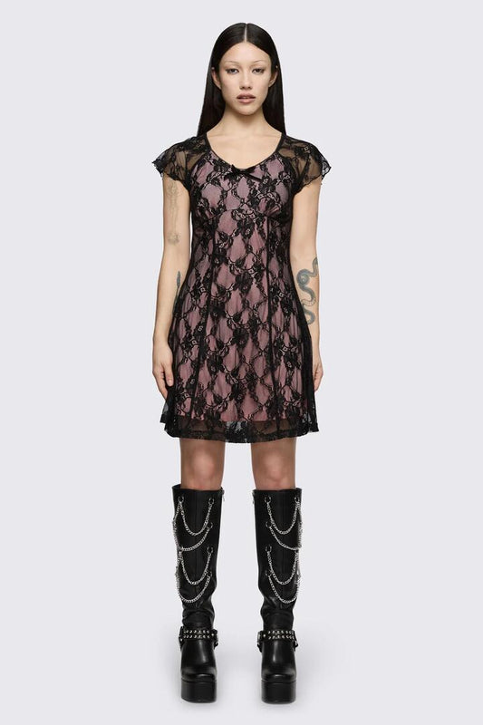 Image of Dresses. Product name - Broken Rollercoaster Lace Babydoll Dress in Black/Pink colour by brand - Dangerfield