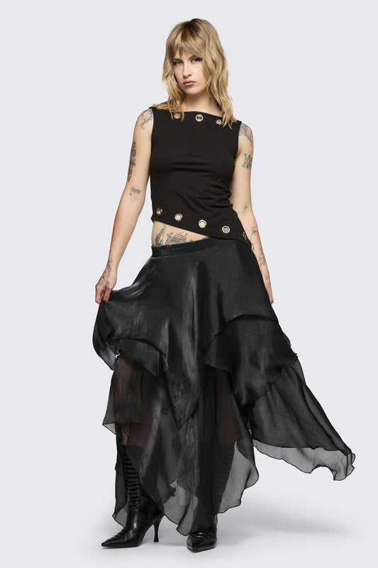 Image of a model wearing Skirts. Product name - Behind The Blinds Chiffon Skirt in Black colour by brand - Black Friday