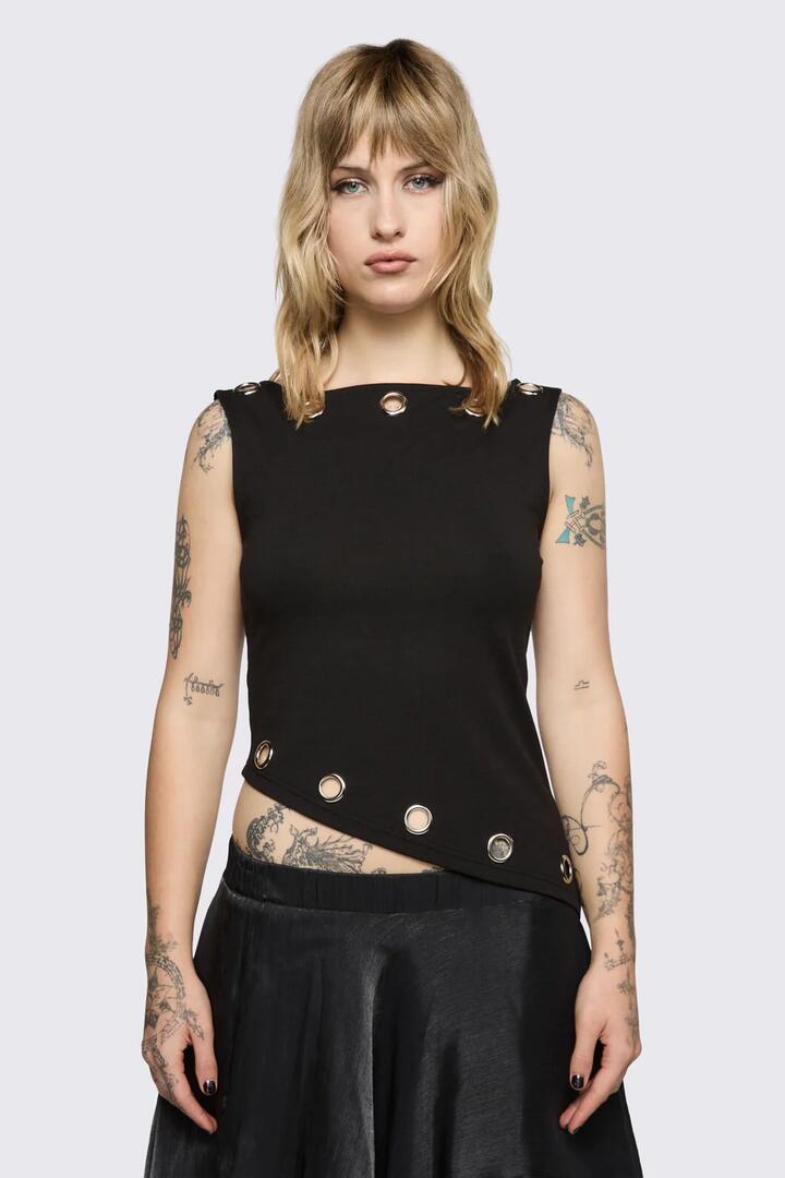 Image of a model wearing Tops. Product name - Ascend Eyelet Top in Black colour by brand - Black Friday