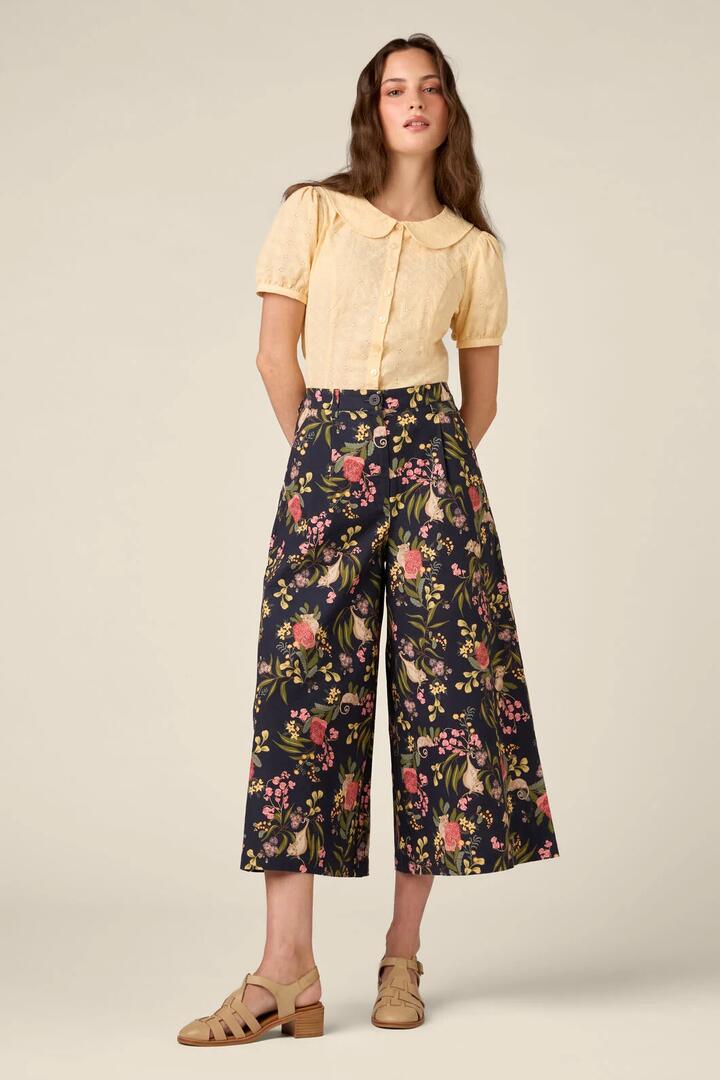 Image of a model wearing Pants. Product name - Pygmy Possum Culotte in Navy colour by brand - Princess Highway