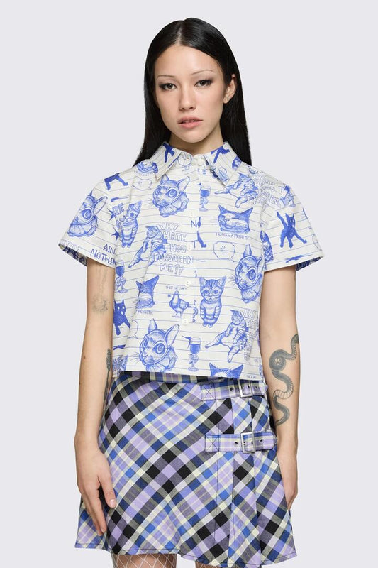 Image of a model wearing Tops. Product name - Sketchy Short Sleeve Blouse in White/Purple colour by brand - Dangerfield