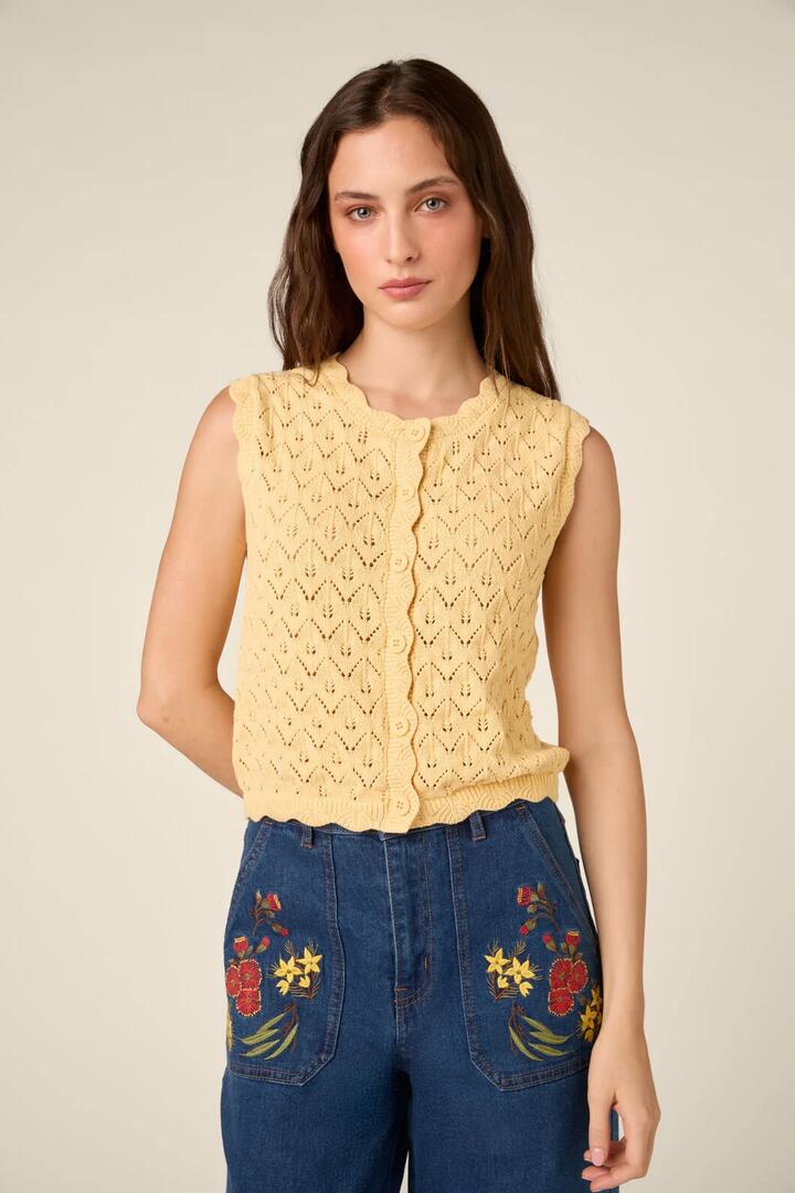 Image of Coats & Jackets. Product name - Thea Lacey Knit Vest in Lemon colour by brand - Princess Highway