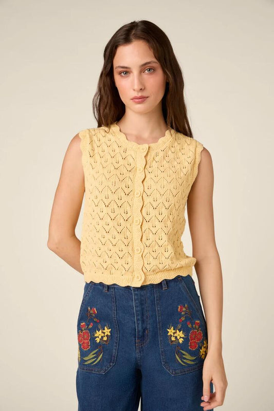 Image of Coats & Jackets. Product name - Thea Lacey Knit Vest in Lemon colour by brand - Princess Highway