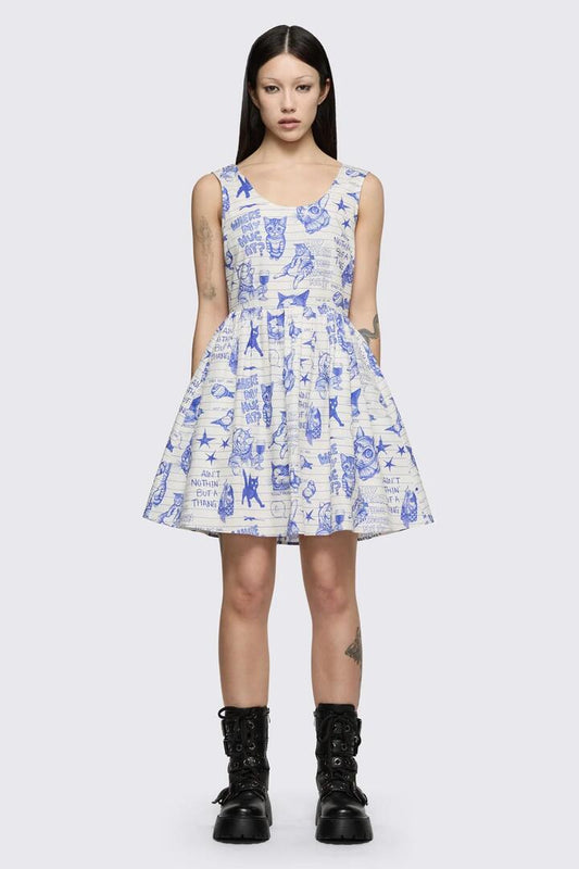Image of Dresses. Product name - Sketchy Cat Dress in White/Purple colour by brand - Dangerfield