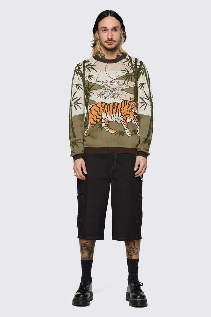 Image of a model wearing Tops. Product name - Big Cat Scene Knit in Multi colour by brand - Dangerfield