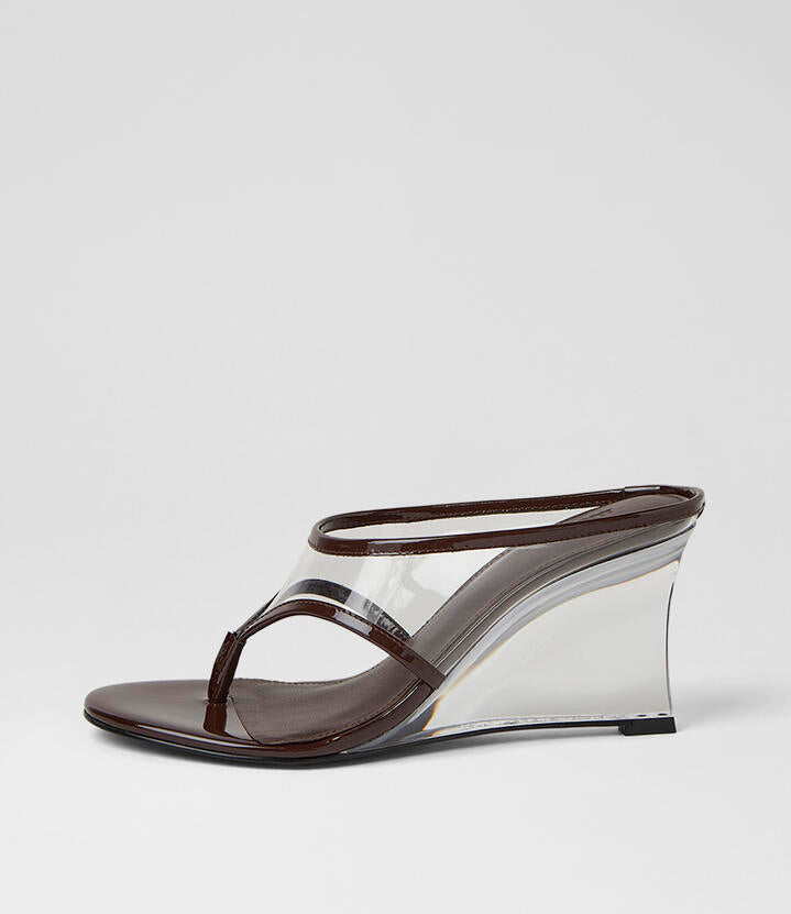 Image of Sandals. Product name - Saltee Dark Choc Patent Leather Sandals in Dk Choc colour by brand - MOLLINI