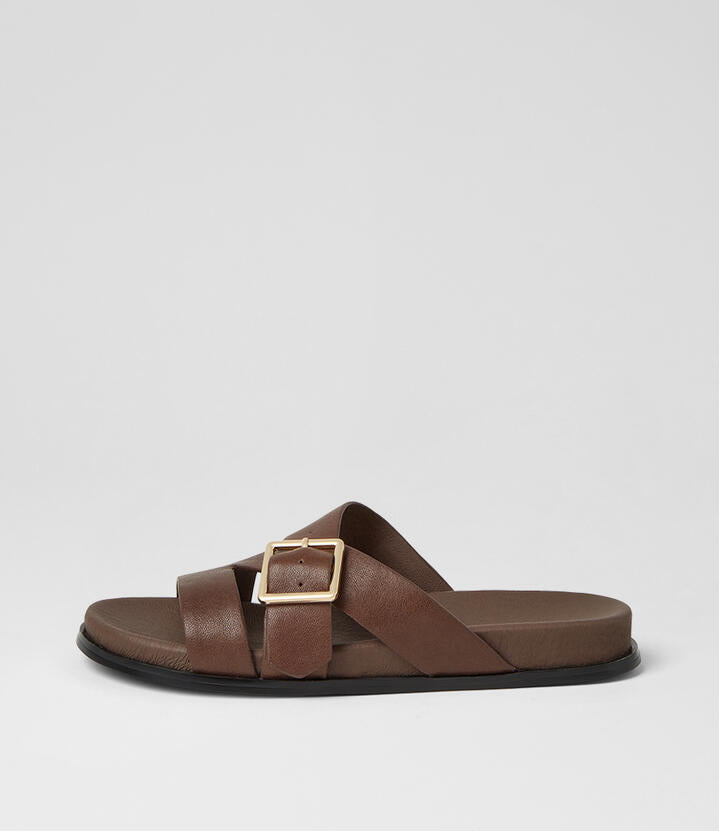 Image of Slippers. Product name - Nibble Choc Black Leather Slides in Choc-Black Sole colour by brand - MIDAS