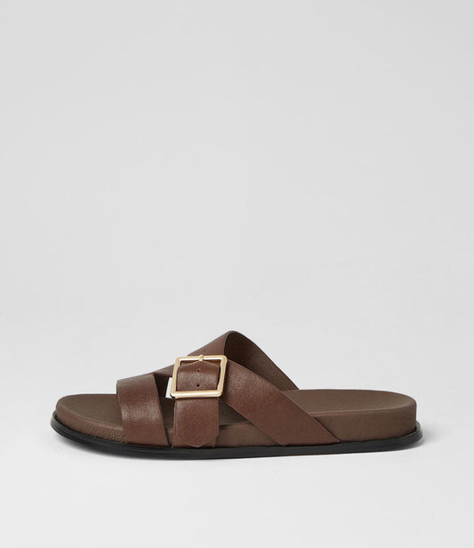 Image of Slippers. Product name - Nibble Choc Black Leather Slides in Choc-Black Sole colour by brand - MIDAS
